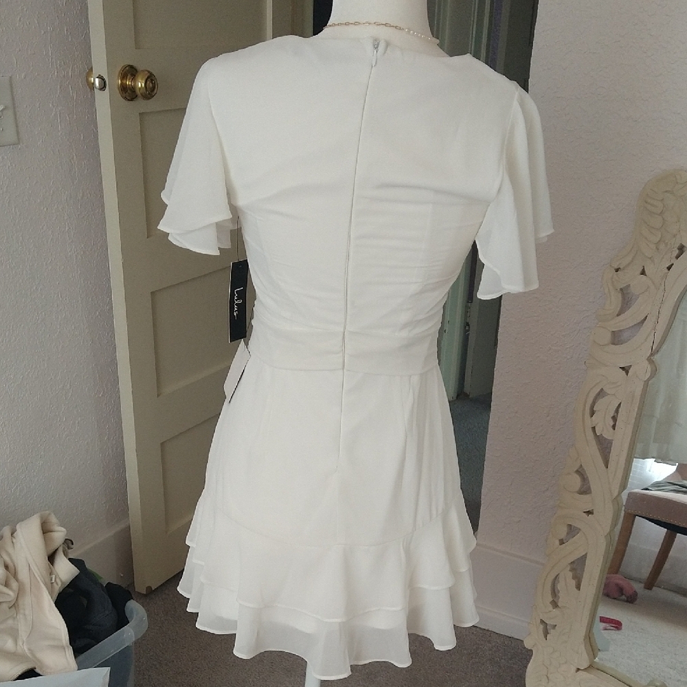 White Ruffle Wrap Dress - Elegant Women's Dress - Picture 8 of 9